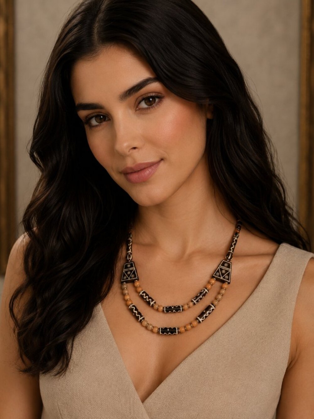Tribal Etched Bone Bead like Statement Necklace